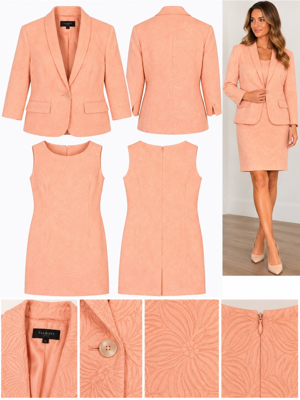 Talbots Coral Floral Jacquard Blazer & Sheath Dress 2-Piece Suit Set Plus 18/22W